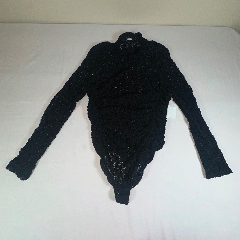 Free People Intimately Black Textured Mock Neck Long Sleeve Bodysuit Size M NWT‎
